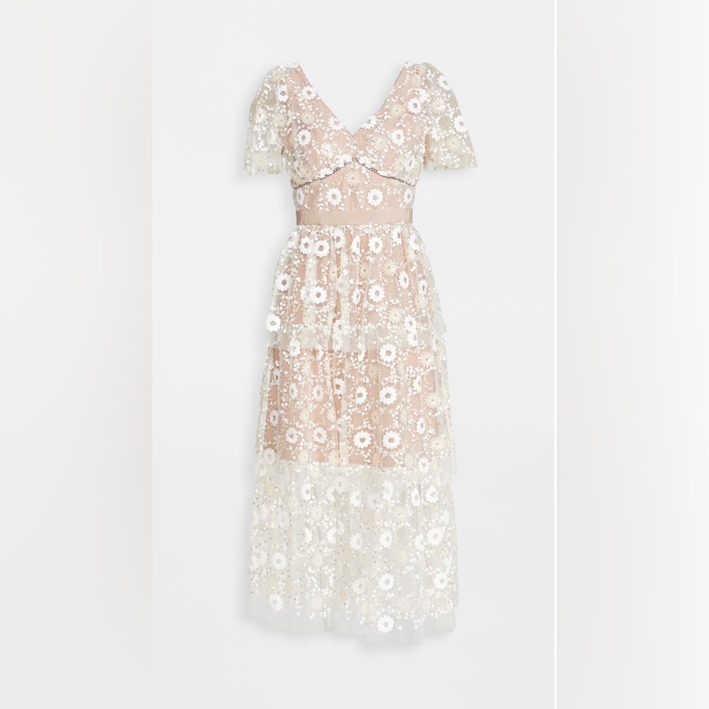 Self-Portrait Flower Sequin Puff Sleeved Midi Dress - Size 0